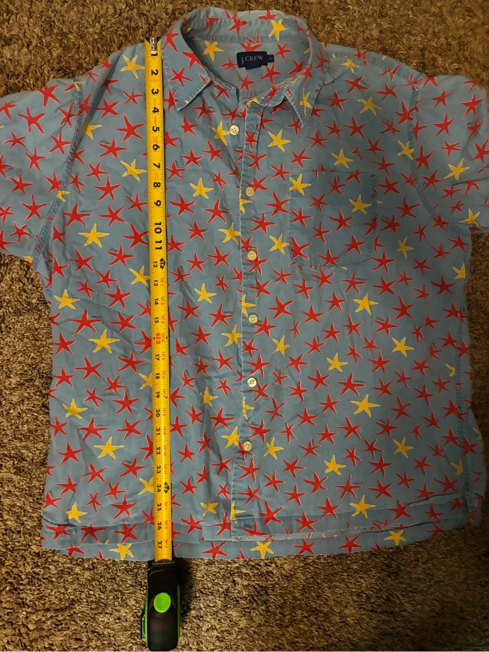 J. Crew Light Blue Short Sleeve Button-Down Shirt with Red & Yellow Star Print L